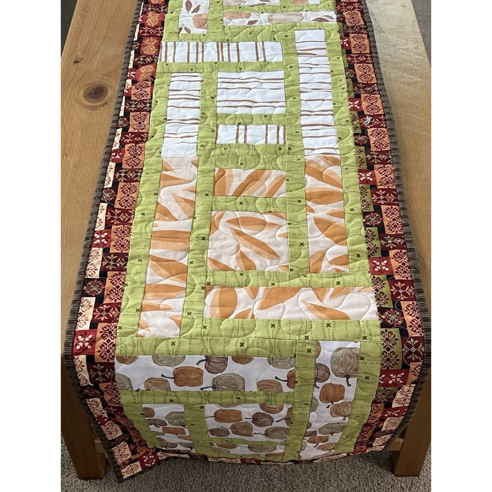 Handmade Quilted Fall Table Runner 71" Pumpkin Patchwork Autumn Farmhouse Decor